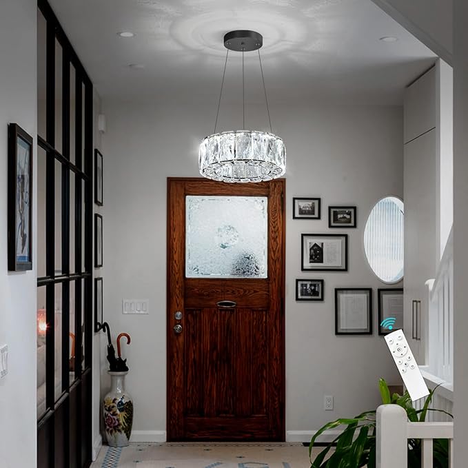 HAIXIANG Modern Crystal Chandelier Dimmable LED 8 Inch Ring Pendant Lights Adjustable Glam Chandeliers Lighting Fixtures for Dining Room Living Room Bedroom Black Light