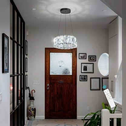 HAIXIANG Modern Crystal Chandelier Dimmable LED 8 Inch Ring Pendant Lights Adjustable Glam Chandeliers Lighting Fixtures for Dining Room Living Room Bedroom Black Light