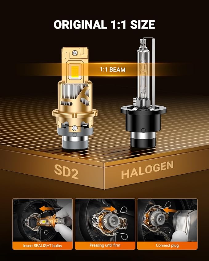 SEALIGHT D4S Bulbs 6500K Cool White Brighter 1:1 Mini Size Plug and Play HID Fog Lights Replacement, IP68 Waterproof 0.01s Instant Start Pack of 2