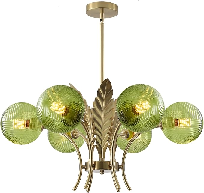 BOKT Brushed Brass Chandelier Gold Leaf 6 Green Glass Globe Hanging Pendant Light Fixture Classic Adjustable Height Medieval Sputnik Chandelier for Home
