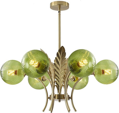 BOKT Brushed Brass Chandelier Gold Leaf 6 Green Glass Globe Hanging Pendant Light Fixture Classic Adjustable Height Medieval Sputnik Chandelier for Home