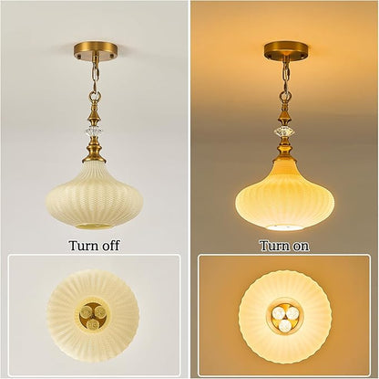 3-Light Chandelier,Vintage Gold Farmhouse Pendant Light Fixture for Kitchen,Adjustable Hanging Lighting with Beige Glass Shade for Hallway Bedroom Entryway Dining Room Island