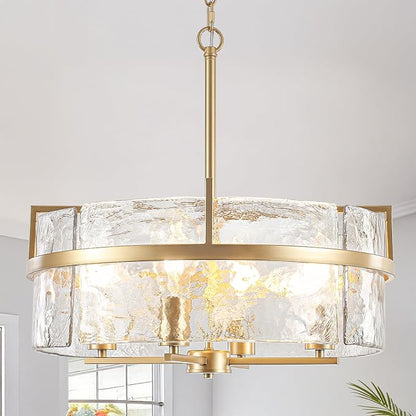 Modern Glass Chandelier,19.7" Gold Dining Room Light Fixtures Over Table Hanging Pendant Light Large Crystal Drum Chandelier for Entryway Foyer Living Room Kitchen Bedroom Bathroom,4-Light E26
