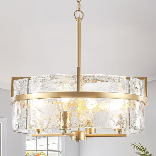 Modern Glass Chandelier,19.7" Gold Dining Room Light Fixtures Over Table Hanging Pendant Light Large Crystal Drum Chandelier for Entryway Foyer Living Room Kitchen Bedroom Bathroom,4-Light E26