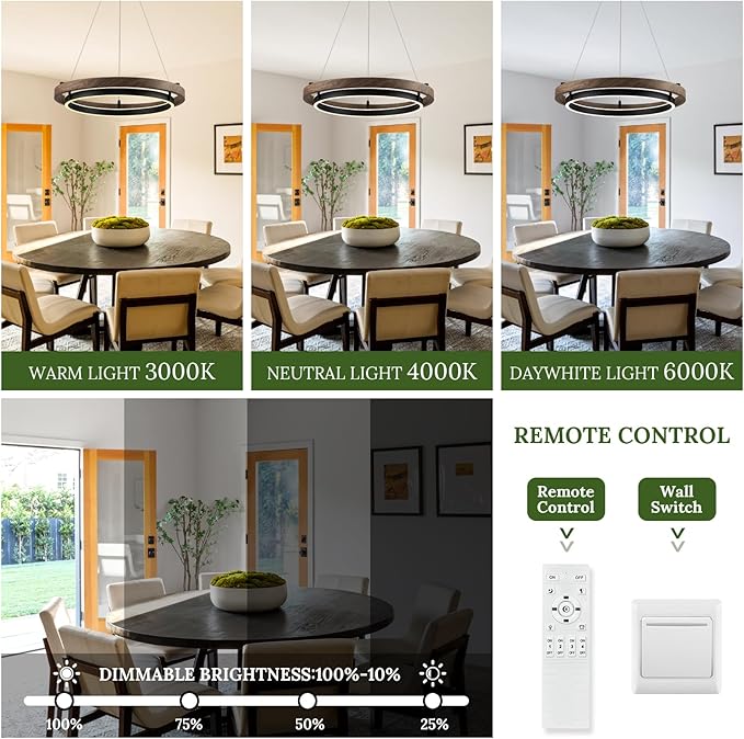 LED 2 Ring Chandelier Dimmable Up Down Light Black Chandelier Round Foyer Chandeliers Light Walnut Wood Black Circular Chandeliers for Dining Room Entry Bedroom Office Living Room