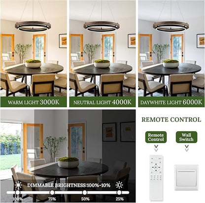 LED 2 Ring Chandelier Dimmable Up Down Light Black Chandelier Round Foyer Chandeliers Light Walnut Wood Black Circular Chandeliers for Dining Room Entry Bedroom Office Living Room