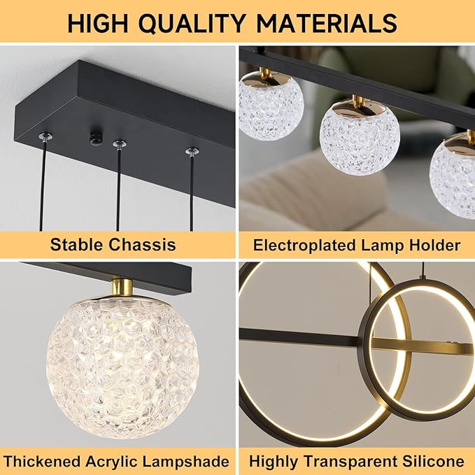 ORANOOR Modern Black Gold Chandeliers for Dining Room, 47in Dimmable LED Chandelier Linear Pendant Light for Kitchen Island, Upgraded 6 Globe Hanging Pendant Chandelier Lighting (2 Rings, 4200lm)