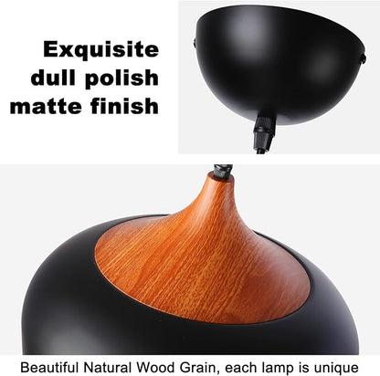 Modern Pendant Light Fxtures Kitchen, Hanging Light Fixtures Ceiling Mount, Wood Metal Shade Pendant Lamp for Dining Room, Bedroom, Living Room, Bathroom, Entryway, Small Chandelier, Black