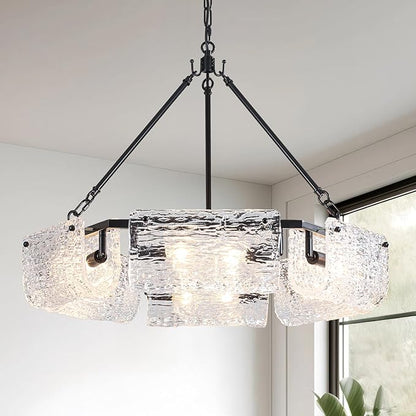 26.5" Black Glass Chandeliers for Dining Room,12-Light Large Modern Textured Glass Drum Chandelier, Crystal Round Hanging Light Fixture Over Table for Living Room Hallway Bedroom Kitchen,E12