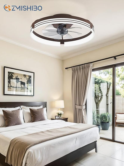 ZMISHIBO Low Profile Ceiling Fans with Lights and Remote, 20 Inch Flush Mount Ceiling Fan with Light, 3000K-6000K Dimmable Fandelier LED Fan Light, 6 Wind Speeds Brown Ceiling Fans for Bedroom