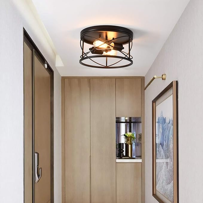 2-Light Flush Mount Black Ceiling Light Fixture, Farmhouse Vintage Industrial Metal Cage, Dimmable for Hallway Kitchen Bedroom Living Room Laundry Utility Room Closet Bathroom Entryway Office