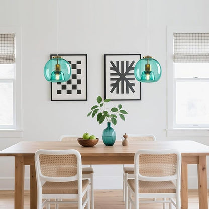 Light Blue Glass Pendant Lights Kitchen Island Gold Hanging Light Fixture Glass Globe Pendant Light Modern Pendant Lighting for Kitchen Island Bedroom Dining Room (7.87", 1 Pack)