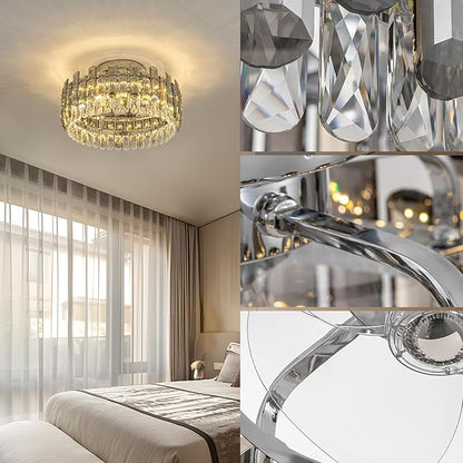 Crystal Ceiling Fan with Lights, Modern Chandelier Ceiling Fan with Remote, 6-Speed Wind, Dimmable LED, 20” Low Profile Ceiling Fan for Bedroom Dining Room Living Room