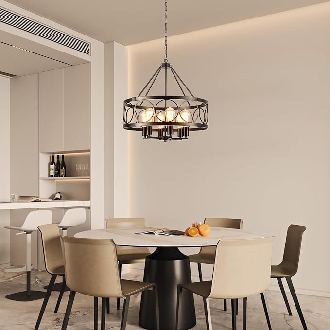6-Lights Black Chandelier for Dining Room Light Fixture 22.5" Modern Farmhouse Chandeliers Ceiling Light Industrial Drum Hanging Pendant Lights for Kitchen Island Living Room Entryway Bedroom