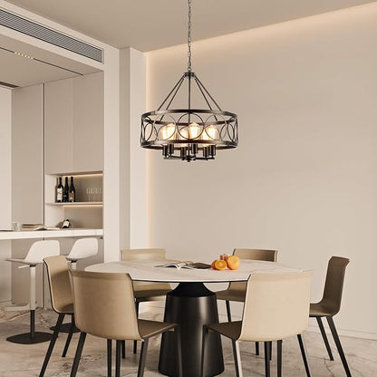 6-Lights Black Chandelier for Dining Room Light Fixture 22.5" Modern Farmhouse Chandeliers Ceiling Light Industrial Drum Hanging Pendant Lights for Kitchen Island Living Room Entryway Bedroom