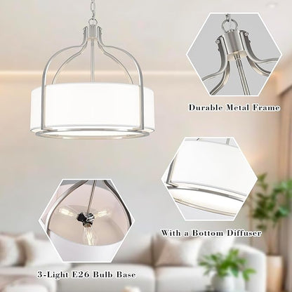 20.5'' Brushed Nickel Drum Chandelier, 5-Light Large Modern Chandeliers for Dining Room Hanging Light Fixture Drum Pendant Light with White Fabric Shade for Kitchen Living Room Foyer Bedroom