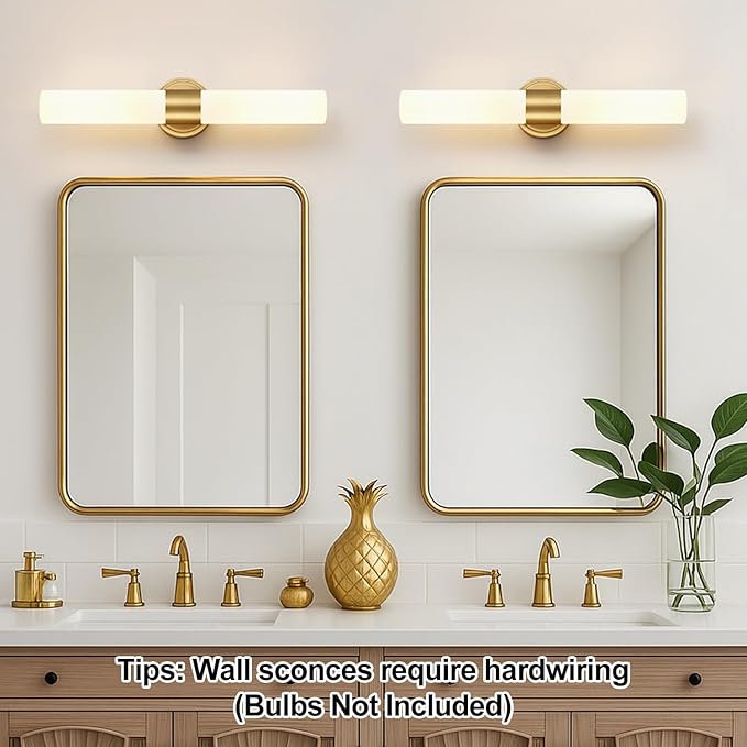 Hardwired Wall Sconces Set of Two, Modern Bathroom Sconces Wall Lighting with Milky White Glass, Brushed Gold Sconces Wall Decor Set of 2 for Bathroom Mirror Bedroom Living Room Hallway