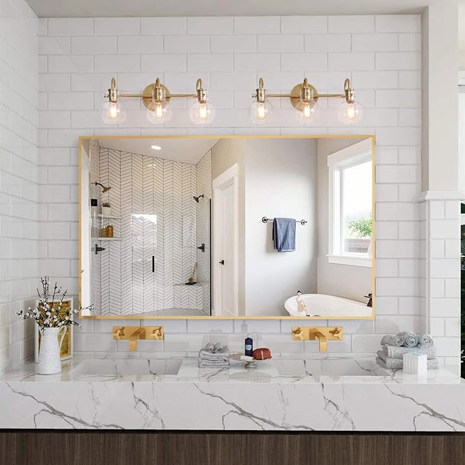 KSANA Gold Bathroom Light Fixtures, 3 Light Modern Vanity Lights Over Mirror with Globe Clear Glass Shades for Bedroom, Kitchen, Powder Room