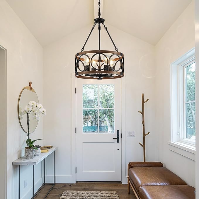 16'' Farmhouse Chandelier, 4-Light Walnut Wood Grain Dining Room Light Fixture Over Table, Rustic Industrial Drum Hanging Pendant Lights Fixture for Kitchen Island Bedroom Hallway Foyer Entryway