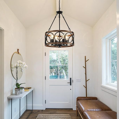 16'' Farmhouse Chandelier, 4-Light Walnut Wood Grain Dining Room Light Fixture Over Table, Rustic Industrial Drum Hanging Pendant Lights Fixture for Kitchen Island Bedroom Hallway Foyer Entryway