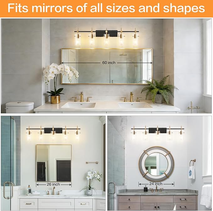 SOLFART 40.1 inch Vintage Brass Bathroom Vanity Light fixtures Bathroom Wall Lights Over Mirror with Glass Shade 5 Light
