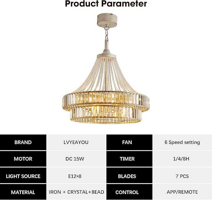 24“ Crystal Ceiling Fan with Lights, Modern Caged Fandelier with Remote & App Control, 6-Speed Reversible DC Motor, 8-Lights Chandelier Fan Double Layer for Bedroom, Living Room (White Gold)