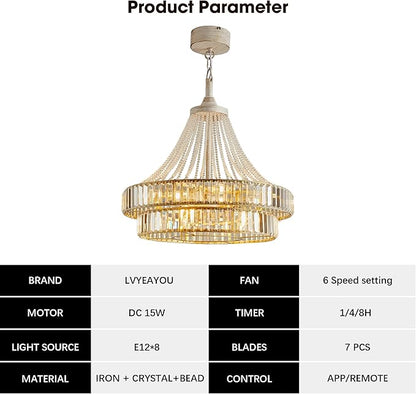 24“ Crystal Ceiling Fan with Lights, Modern Caged Fandelier with Remote & App Control, 6-Speed Reversible DC Motor, 8-Lights Chandelier Fan Double Layer for Bedroom, Living Room (White Gold)