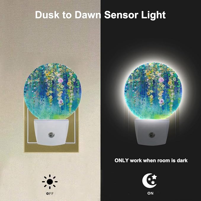 EKOBLA Ivy Plug-in Night Light, Green Floral Ivy & Wisteria Blossom LED Nightlight with Auto Sensor