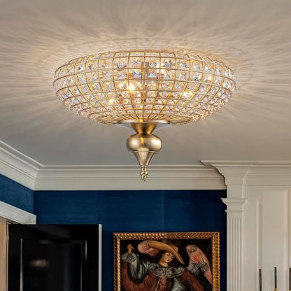 EDISLIVE 3-Light Vintage Crystal Ceiling Light Semi-Sphere Brass Chandelier with Handcut Beads,16" Antique Crystal Flush Mount Lighting E12 for Livingroom Bedroom Dining Room Foyer，Brass Copper Gold