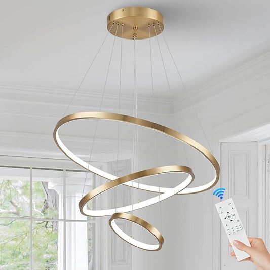 3 Ring Modern LED Chandelier Gold Dimmable Round Chandeliers, LED Circular Pendant Light Fixture with Remote Control for Living Room, Dining Room, Office, Entry, Bedroom