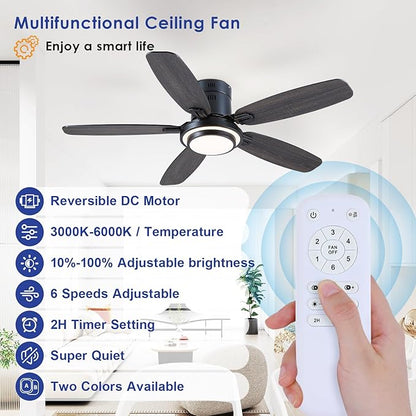 Hounberi 50 Inch Low Profile Ceiling Fans with Lights and Remote, Modern Flush Mount Black Ceiling Fan, 3CCT, Dimmable, Quiet DC Reversible Motor, for Bedroom Living Room Indoor/Outdoor Use