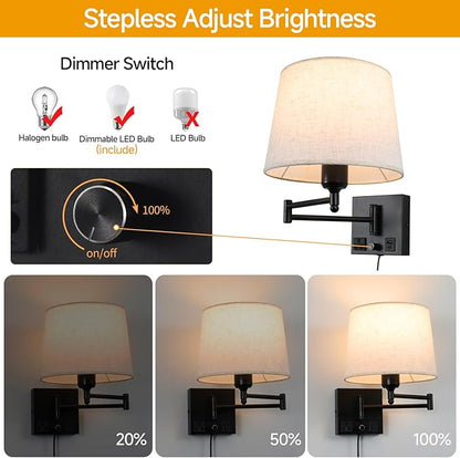 Swing Arm Wall Sconce with Linen Fabric Shade, USB-A & USB-C Charging Ports, Built-in AC Outlet & Rotary Dimmer, Plug-in Adjustable Reading Wall Lamp for Bedside Bedroom Hotel