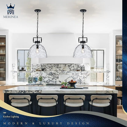 Glass Pendant Light, 13.8 Inch Single Hanging Ceiling Light with Adjustable Chain, E26 Base Oversized Hammered Clear Glass Kitchen Island Pendant Lighting in Matte Black for Dining Room, Entryway