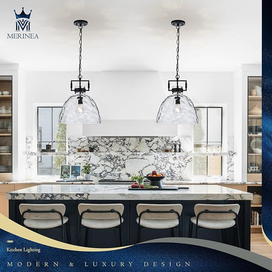 Glass Pendant Light, 13.8 Inch Single Hanging Ceiling Light with Adjustable Chain, E26 Base Oversized Hammered Clear Glass Kitchen Island Pendant Lighting in Matte Black for Dining Room, Entryway