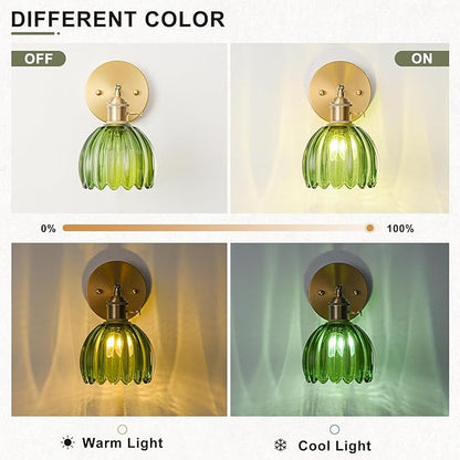Wall Sconces Set of Two Hardwired, Vintage Wall Sconce Light with Tulip Green Glass Lampshade, Bathroom Wall Sconces with Switch, Gold Wall Light Sconces Wall Decor Set of 2