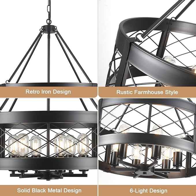 Black Chandelier 6-Light Adjustable Farmhouse Chandelier Dining Room Light Fixture Kitchen Island Lighting Drum Rustic Hanging Lights for Entryway Foyer Bedroom Living Room