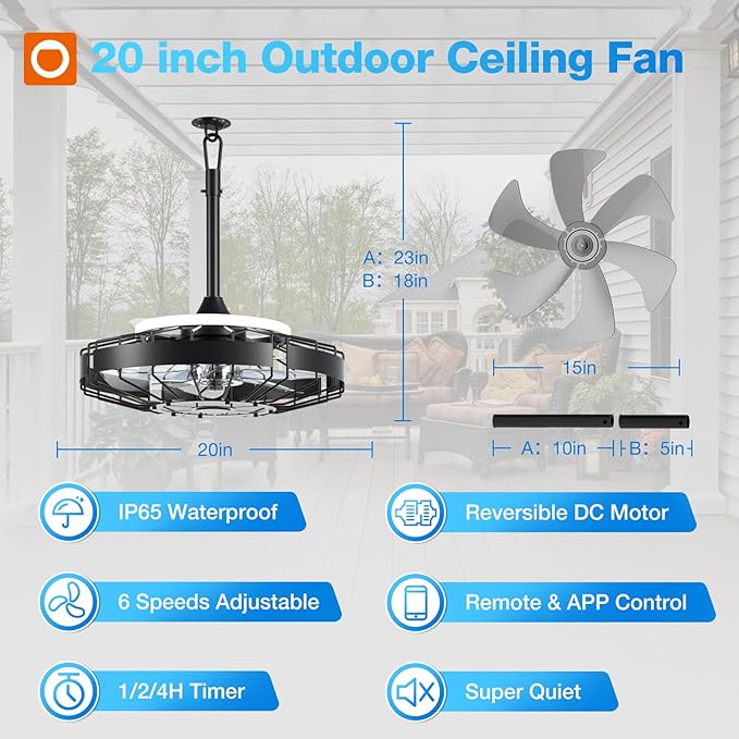 addlon 20 Inch Outdoor Ceiling Fan with Light for Patio, IP65 Waterproof Plug in Caged Hanging Fan, Remote Control, 3 CCT, 6 Speeds Reversible Outdoor Fan for Gazebo, Pergola, Porch