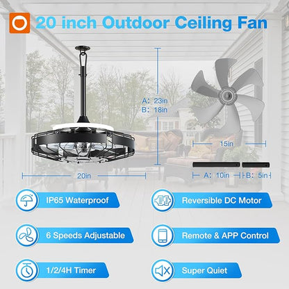 addlon 20 Inch Outdoor Ceiling Fan with Light for Patio, IP65 Waterproof Plug in Caged Hanging Fan, Remote Control, 3 CCT, 6 Speeds Reversible Outdoor Fan for Gazebo, Pergola, Porch