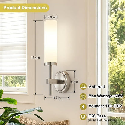 [Hardwired] Wall Sconces Set of Two, Brushed Nickel Bathroom Sconces with Milky White Glass, Modern Wall Light Fixtures for Bathroom Mirror Vanity, Living Room, Hallway, Stairway, Cabinet, Foyer