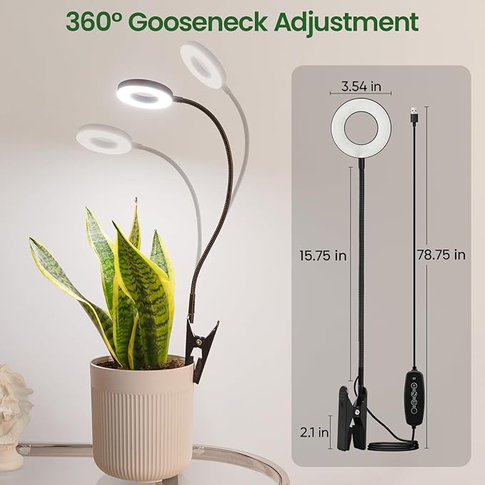 LORDEM Grow Lights for Indoor Plants, 2 in 1 Full Spectrum Plant Light with 360° Gooseneck, 48 LEDs, Auto Timer 6/8/12/16H, 3 Lighting Modes,5 Brightness Levels for Small Plants, Black