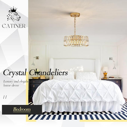 CATINER Small Gold Crystal Chandeliers, Modern Semi Flush Mount Chandelier 4-Light Drum Crystal Ceiling Pendant Light Fixture 12” for Foyer Entryway Kitchen Hallway Dining Room