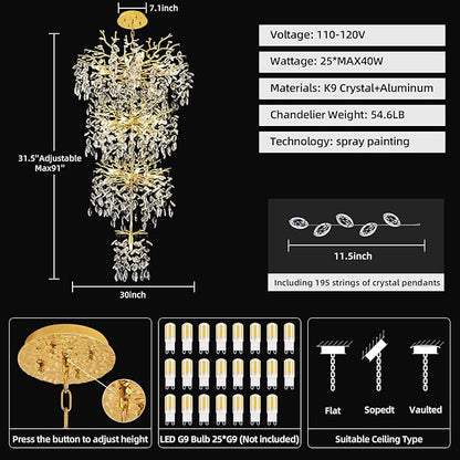 Modern Tree Branch Crystal Chandelier 91" Gold Luxury Large Pendant Lighting 25-Light Contemporary K9 Crystal Chandeliers for Dining Room Kitchen Living Room Foyer Entryway (Gold, H91-Round)