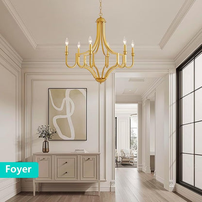 6-Light Maria Theresa Candle Chandelier Gold Ceiling Light Fixture for Dining Room, Living Room, Bedroom, Farmhouse Style, Vintage Antique Design, E12 Socket, D26.4*H28~78.7inch