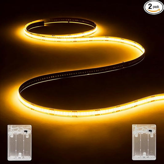 Battery Powered COB LED Strip Lights,3.28ft*2pack Warm White LED Light Strip for Dorm Room, Under Bed, Shelves, TV Backlight, Closet, Small Cuttable Tape Lights, Small Battery LED Lights for TV