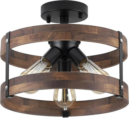 3-Light Rustic Farmhouse Wood Flush Mount Ceiling Light Fixture Oak Wood Round Drum Semi Flush Mount Ceiling Light for Hallway Hall Entry Bedroom Farmhouse Indoor, Black