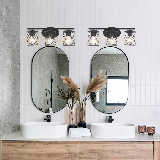 mavcadonf 3-Light UL Certified Bathroom Vanity Light, Matte Black Farmhouse Wall Sconce Over Mirror Lighting Fixture with Clear Glass Shade for Bathroom Kitchen Bedroom Hallway