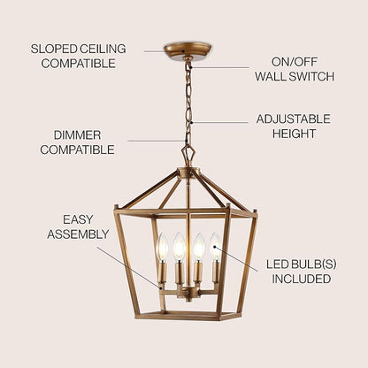 JONATHAN Y 12" Antique Gold Lantern Pendant Light, 4-Light Pagoda Style Metal Cage Farmhouse Hanging Ceiling Fixture for Kitchen Island, LED Bulb Included (JYL7436B)