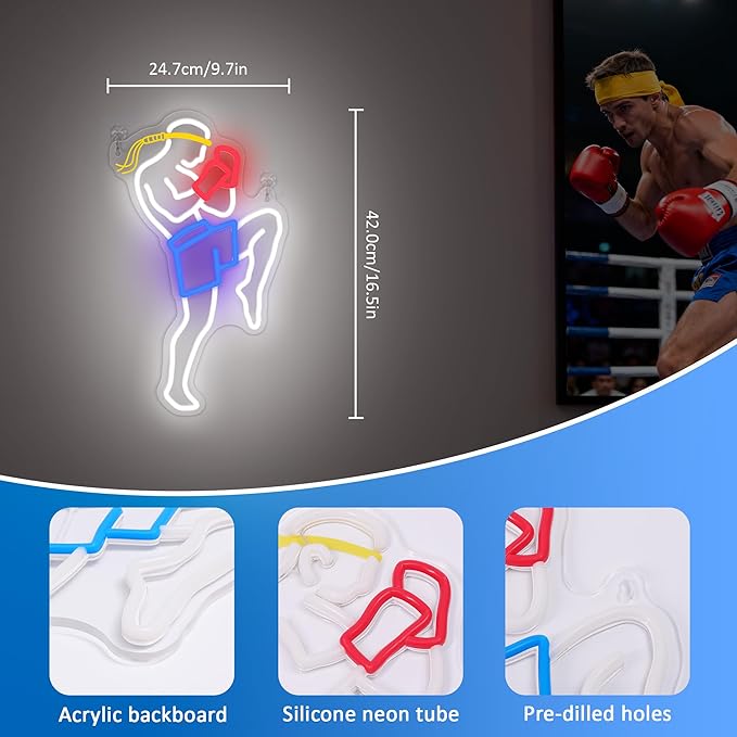 OkiyiD Muay Thai Neon Sign for Men, Martial Arts Wall Decor Combat Sports Theme Room Decor with USB Power & Hanging Chain, Ideal MMA Gifts for Bedroom, Game Room, Man Cave and Club Lighting Atmospher