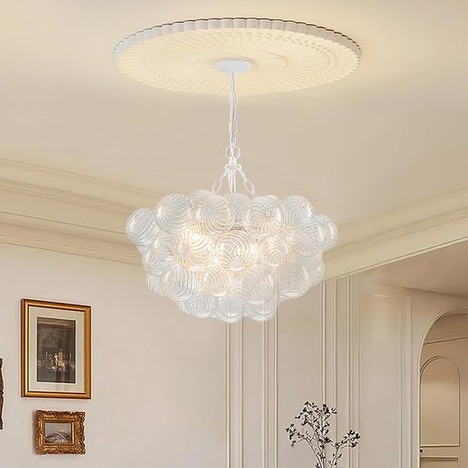Hand Blown Glass Bubble Ball Chandelier White Finish 20" Small Pendant Lights Art Deco Cluster Swirled Ribbed Globe Blown Glass Chandeliers for Dining Room Bathroom Entry Bedroom
