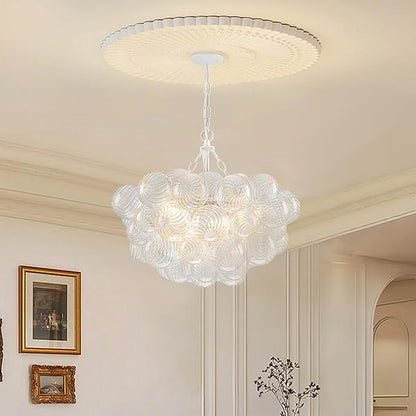 Hand Blown Glass Bubble Ball Chandelier White Finish 20" Small Pendant Lights Art Deco Cluster Swirled Ribbed Globe Blown Glass Chandeliers for Dining Room Bathroom Entry Bedroom